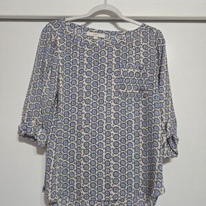 LOFT Blue and Cream Patterned Blouse Top